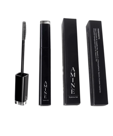 AMINE antakių gelis juodoje pakuotėje – atidarytas tūbelės aplikatorius ir produkto dėžutės ant balto fono