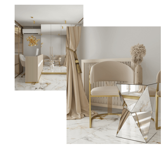 Kamilė Studio grožio salono interjero detalės – moderni registratūra, poilsio zona ir elegantiškas dizainas