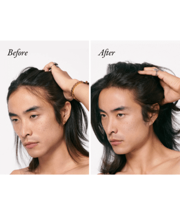 Prieš ir po – Oribe Serene Scalp tankinantis purškalas suteikia plaukams daugiau apimties ir tankumo