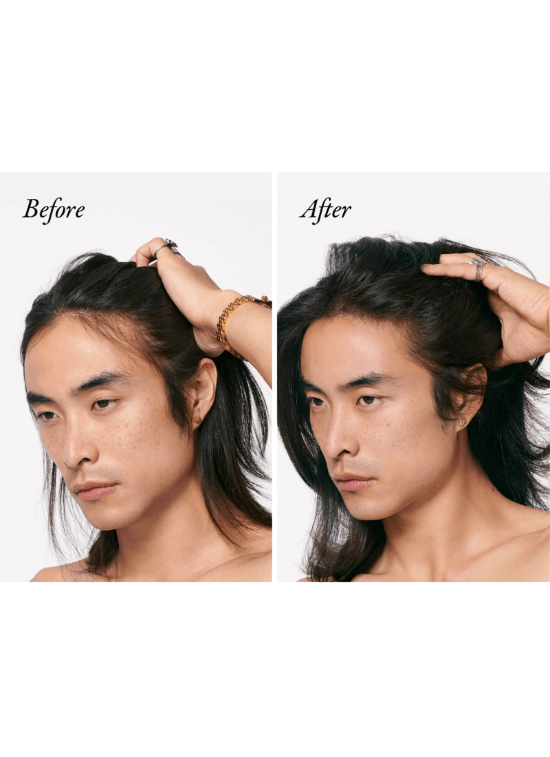 Prieš ir po – Oribe Serene Scalp tankinantis purškalas suteikia plaukams daugiau apimties ir tankumo